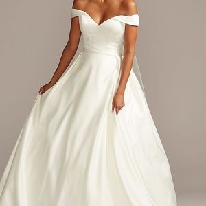 David Bridal Ivory satin off the shoulder wedding gown with garment bag